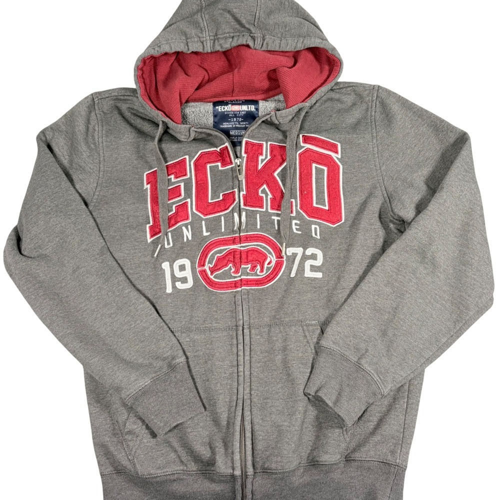 Vintage Ecko Unltd Hoodie Mens Medium Gray‎ Red Zip Up Y2K Rhino Logo Sweatshirt